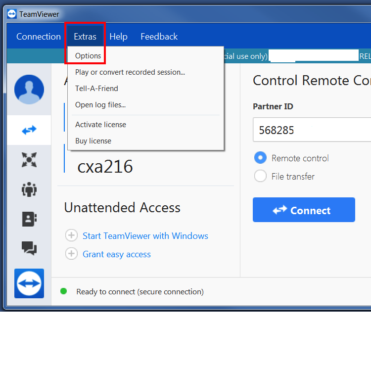 TeamViewer Grant Access Windows Step 1 Extras then Options