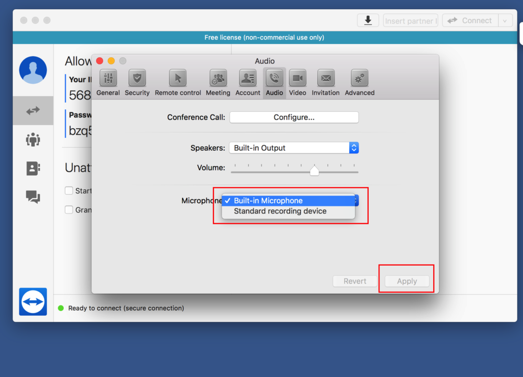 Mac TeamViewer Enable Mic Method 2 Step 2 Click on the Audio button then select the correct microphone for Microphone. 