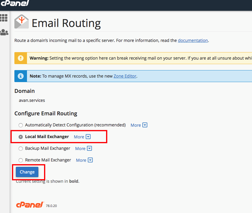 cPanel Email Routing Step 2
How to make sure Local Mail Exchanger is selected