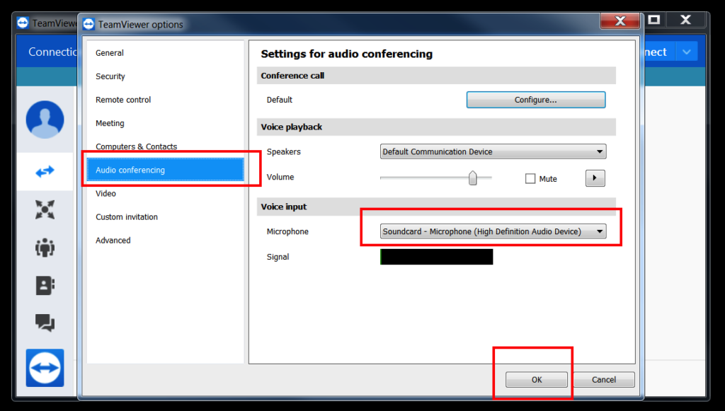 Windows TeamViewer Enable Mic Method 2 Step 2 select Audio conferencing then select the correct soundcard for the Voice input option