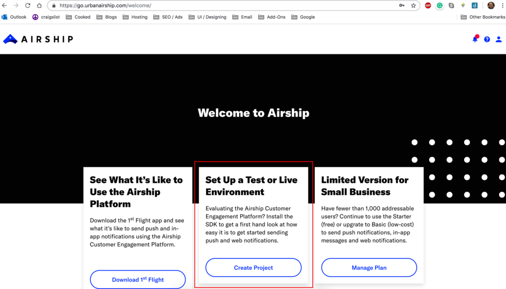 Step 2 of Getting Push Notifications to work using Airship. Create Airship Project.  