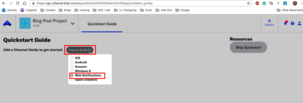 Step 3 of Getting Push Notifications to work using Airship. Start Channel Guide. 