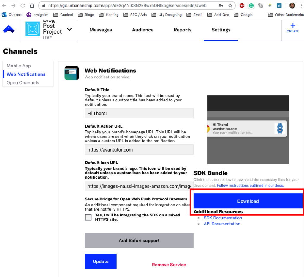 Step 3 of Getting Push Notifications to work using Airship. Start Channel Guide. Download Files. 