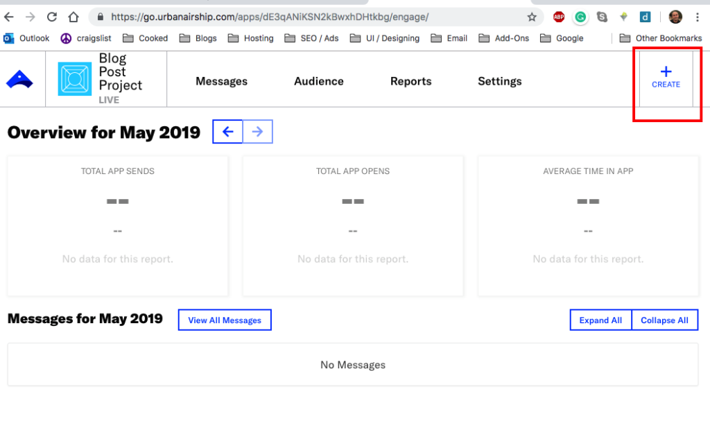 Step 7 of Getting Push Notifications to work using Airship. Send Test Message. Create Message. 