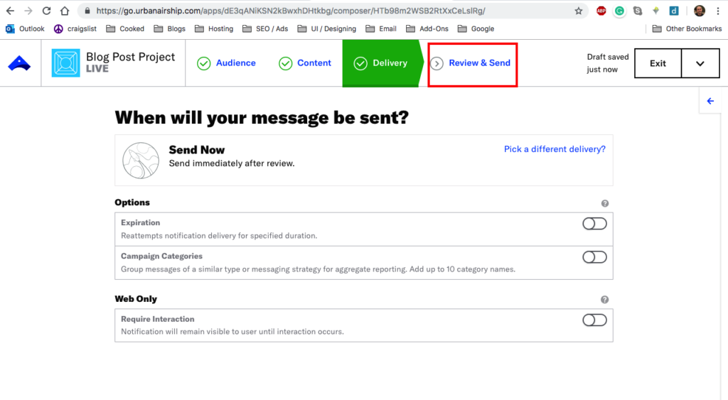 Step 7 of Getting Push Notifications to work using Airship. Send Test Message. Click Review & Send.