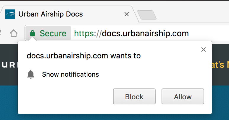 Step 6 of Getting Push Notifications to work using Airship. Notification Settings. Notification Block Allow Prompt. 