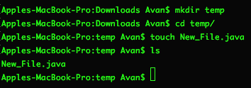 Screenshot of running mkdir temp then cd temp then touch New_File.java and finally ls