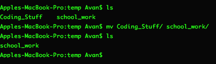 Screenshot of running ls then mv Coding_Stuff/ school_work/ followed by ls