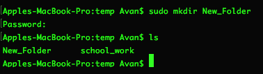 Screenshot of sudo mkdir New_Folder entering password then ls
